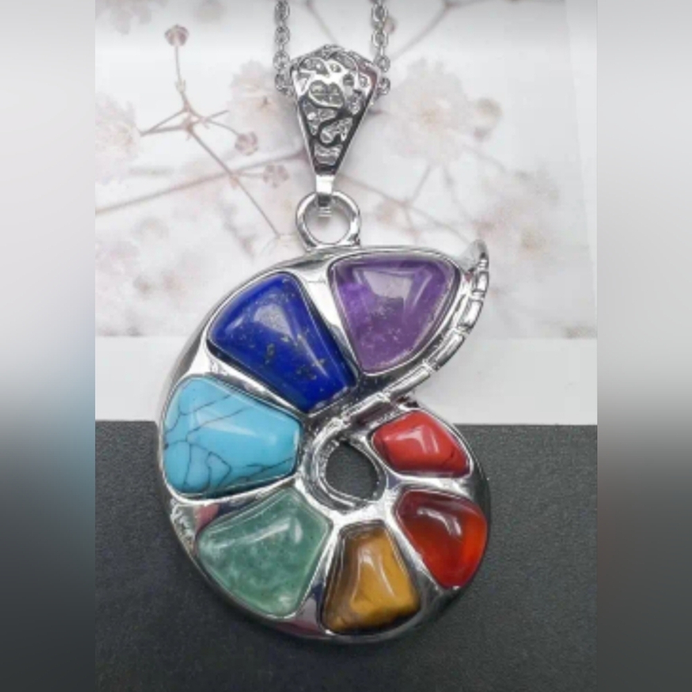 Multicolor Nautilus Natural 7 Stone Pendant Necklace - Picture 2 of 2